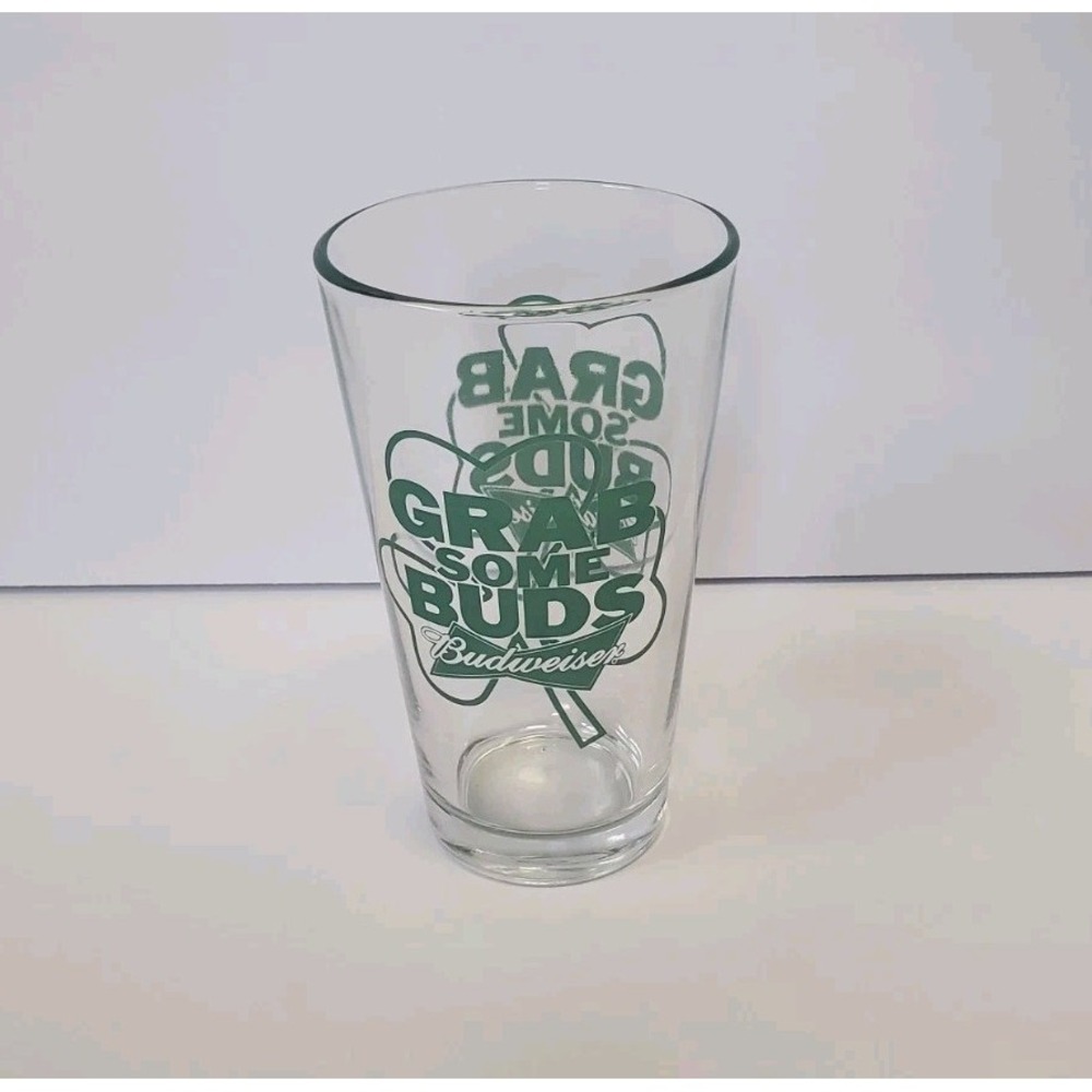 Budweiser Pint Beer Glass Grab Some Buds Clover Irish St Patricks Green